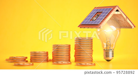 Stack of coins and  light bulb under a roof with solar panels.  Money saved  by using solar energy. 95728892