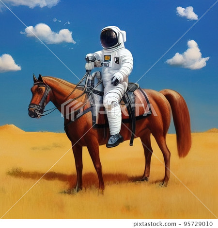 An astronaut in a spacewalk suit rides a horse across an unknown planet. Far space. An astronaut in a spacewalk suit rides a horse across an unknown planet. Far space. 95729010