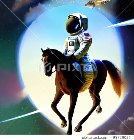An astronaut in a spacewalk suit rides a horse across an unknown planet. Far space. An astronaut in a spacewalk suit rides a horse across an unknown planet. Far space. 95729025