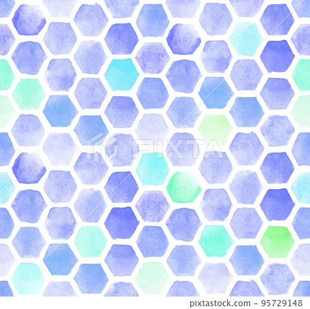 watercolor seamless pattern with abstract bee honeycombs. blue and green hexagons on white background. abstract print watercolor seamless pattern with abstract bee honeycombs. blue and green hexagons on white background. abstract print 95729148