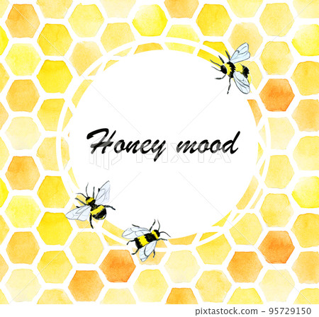 card with yellow honeycomb. frame, border, print with watercolor bee honeycomb and bee isolated on white background. card with yellow honeycomb. frame, border, print with watercolor bee honeycomb and bee isolated on white background. 95729150