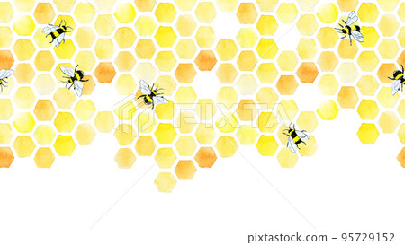 watercolor seamless border, pattern with honeycomb and cute bees. hand drawing, yellow honeycomb, print on the theme of farming, organic products, beekeeping, honey production. web banner watercolor seamless border, pattern with honeycomb and cute bees. hand drawing, yellow honeycomb, print on the theme of farming, organic products, beekeeping, honey production. web banner 95729152