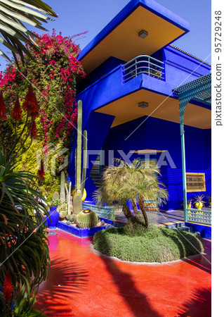 View on colorful wall (Blue) and  potted plants in  Majorelle garden (former owner  of fashion guru Yves Saint Laurent) in Marrakech 95729248