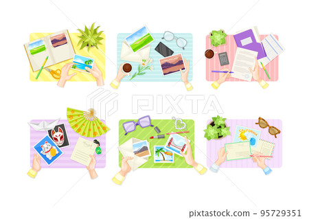 View from above of human hands putting photo in frame, writing letters and sending postcards set vector illustration 95729351