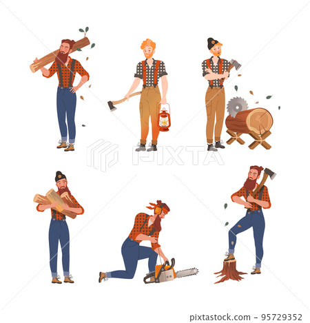 Lumberjack male characters cutting trees set. Loggers or woodcutters in workwear vector illustration 95729352
