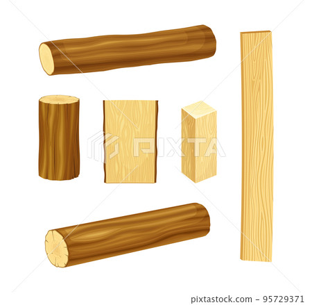 Set of wood lumber industry materials. Tree trunks, logs, planks. Hardwood timber materials vector illustration 95729371