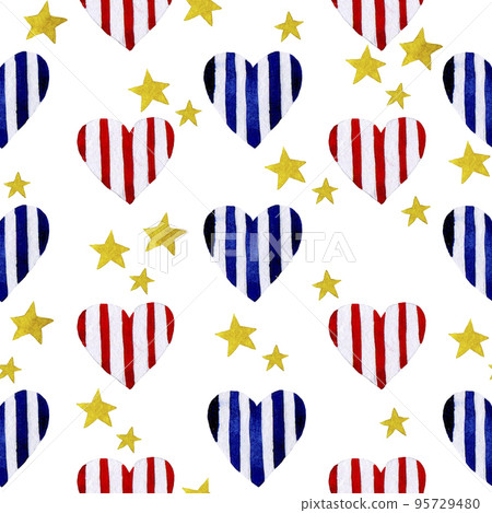 watercolor seamless pattern for American Independence Day. July 4, USA Independence Day. cute print with hearts and stars, flag colors. watercolor seamless pattern for American Independence Day. July 4, USA Independence Day. cute print with hearts and stars, flag colors. 95729480