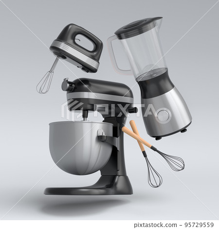 Mixer and hand mixer with kitchen utensil for preparation of dough on white Mixer and hand mixer with kitchen utensil for preparation of dough on white 95729559