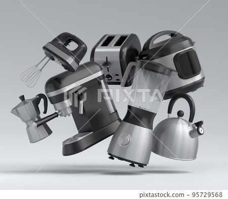 Electric kitchen appliances and utensils for making breakfast on white 95729568