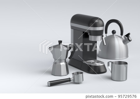 Espresso coffee machine with horn, kettle and geyser coffee maker on white . 95729576