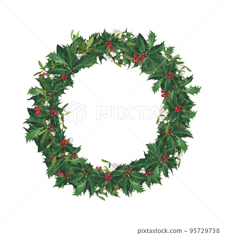 Wreath Mistletoe, holly Christmas isolated on white. Watercolor hand drawn frame. Illustration for design 95729738