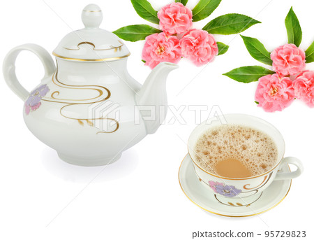 Porcelain teapot and cup with floral ornaments isolated on a white background. Collage. 95729823
