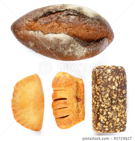 Bread and sweet pastry isolated on white . Collage. 95729827