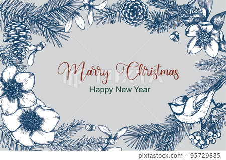 vector drawing christmas card, frame. vintage graphics, retro style, sketch. Christmas plants, holly, mistletoe, Christmas tree branches and cones vector drawing christmas card, frame. vintage graphics, retro style, sketch. Christmas plants, holly, mistletoe, Christmas tree branches and cones 95729885