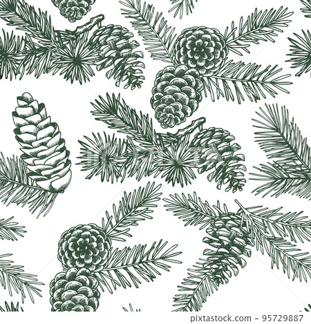seamless christmas pattern. vintage drawing in sketch style. spruce branches and cones. Christmas tree. seamless christmas pattern. vintage drawing in sketch style. spruce branches and cones. Christmas tree. 95729887