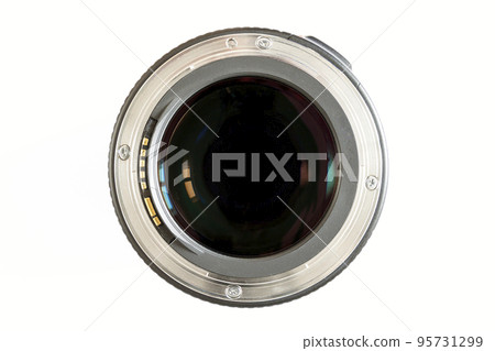 Camera photo lens close-up on white background with lense reflections. 95731299