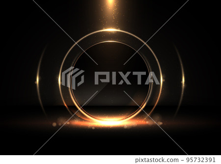 Abstract golden circles lighting flames effect sparkling with bokeh and gold glitter particles on black background luxury style 95732391