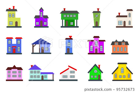 Houses exterior front view flat icon set. Residential townhouse building apartment. Home facade with doors and windows. Various shape urban suburban town house cottage isolated on white background Houses exterior front view flat icon set. Residential townhouse building apartment. Home facade with doors and windows. Various shape urban suburban town house cottage isolated on white background 95732673