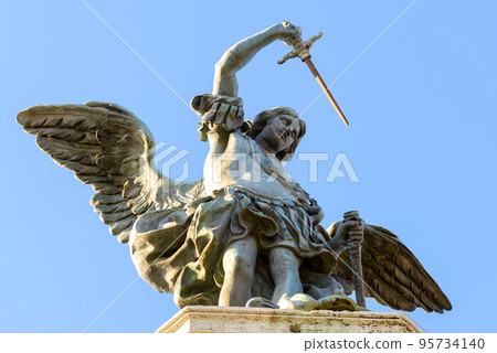 Saint Michael archangel statue at top of Castel Sant`Angelo, Rome, Italy 95734140