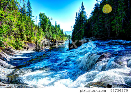 Watercolor effect used on a photo of cascades and rushing water in Avalanche Creek at Glacier National Park, Montana.  95734379