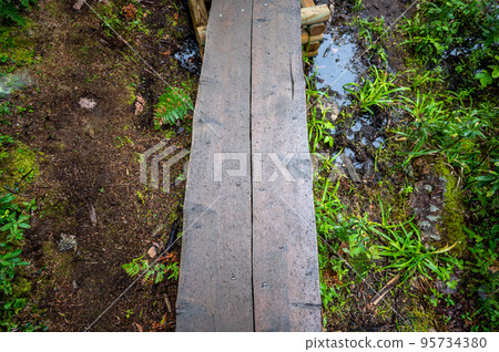 top view looking down on a boardwalk path at the western edge of Jordan Pond in Acadia National Park, Maine, USA 95734380