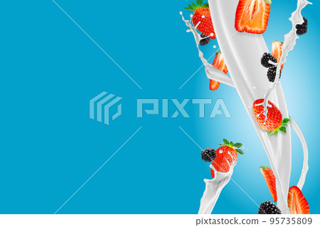 Fresh strawberries falling to make a delicious strawberry smoothie. blue background. 95735809