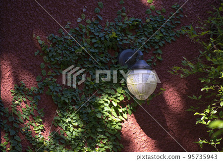 Lights attached to a Western-style building and surrounding plants that create an atmosphere 95735943