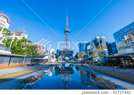 Hisaya Odori Park tourist attraction tower and blue sky beautifully reflected on the water | Nagoya City, Aichi Prefecture 95737492