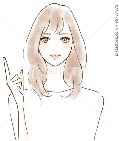 一個年輕女子帶著微笑和明亮積極的表情指著的插圖 95737975