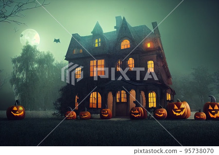 Halloween Haunted House. Pumpkins, candles, gloomy atmosphere. Neural network generated art. Digitally generated image. Not based on any actual scene or pattern.  95738070