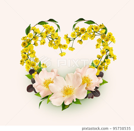Small yellow flowers of berberis thunbergii and wild roses in a heart shape arrangement Small yellow flowers of berberis thunbergii and wild roses in a heart shape arrangement 95738535