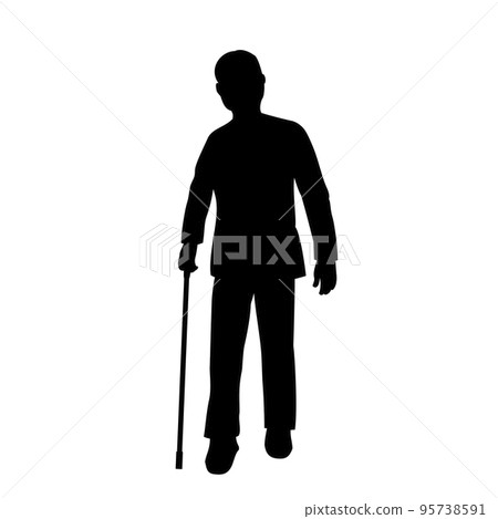一位老人拄著拐杖走路的剪影 95738591