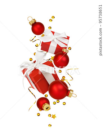 Two gift boxes and Christmas decorations in a festive composition isolated on white. Levitation. Concept of holiday shopping. Two gift boxes and Christmas decorations in a festive composition isolated on white. Levitation. Concept of holiday shopping. 95738651