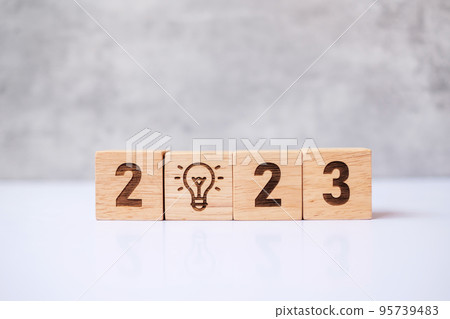 2023 block with lightbulb icon. Business Idea, Creative, Thinking, brainstorm, Goal, Resolution, strategy, plan, Action, change and New Year start concepts 2023 block with lightbulb icon. Business Idea, Creative, Thinking, brainstorm, Goal, Resolution, strategy, plan, Action, change and New Year start concepts 95739483