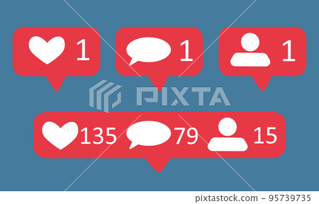 Social network icons pack. Like, comment, follow. Vector illustration on blue background. Top view Social network icons pack. Like, comment, follow. Vector illustration on blue background. Top view 95739735