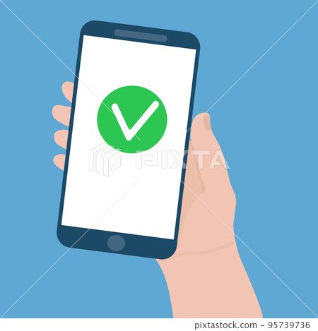 Green checkmark on smartphone screen. Hand holding smartphone. Mobile phone with white tick. Success concept. Modern design for web banners, web sites, infographics. Flat design vector illustration Green checkmark on smartphone screen. Hand holding smartphone. Mobile phone with white tick. Success concept. Modern design for web banners, web sites, infographics. Flat design vector illustration 95739736