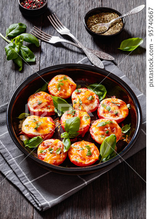 Baked Tomatoes with Mozzarella, Cheddar, Parmesan 95740667