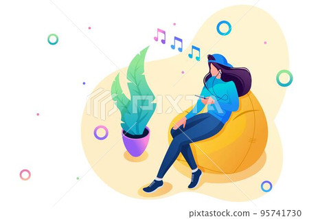 Teenage girl listens to music on her smartphone and uses a social network. Concept of leisure for teenagers. 3d isometric. Concept for web design 95741730