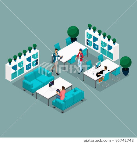Trendy Isometric people and gadgets coworking center, work, technology, laptop, pad, freelancers, artists, programmers are isolated on a light background 95741748