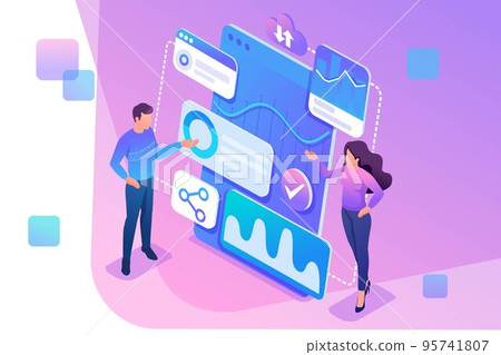 Isometric concept Young entrepreneurs review reports and analyze data. Concept for web design 95741807