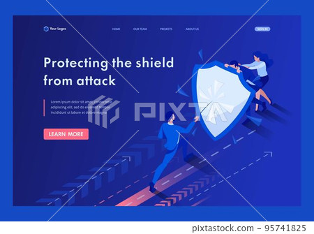 Isometric businessmen hiding behind a shield from attack. Template Landing page 95741825