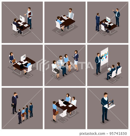 Business people isometric set of women and men in a set of 3D business concept isolated on a dark background 95741830