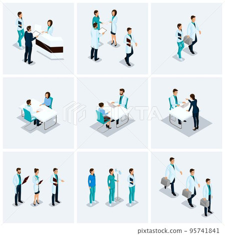 Set Isometric health care providers, surgeons, nurse, doctor kits Hospital 3D concept isolated on a light background 95741841