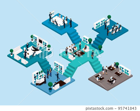 Isometric icon of many storey office building with stairs and bathrooms, office workers 3D business men and women. Vector illustration 95741843