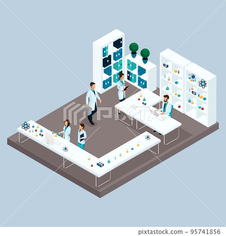 Set Trendy isometric people. Medical staff, hospital, doctor, nurse, surgeon, medical laboratory technician in the room to be tested isolated on a light background. Vector illustration 95741856
