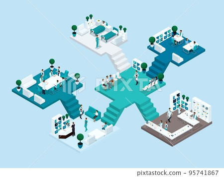 Isometric icon of many storey hospital building with stairs and rooms, hospital staff, patients 3D surgeons, doctors, nurses, ward. Vector illustration 95741867