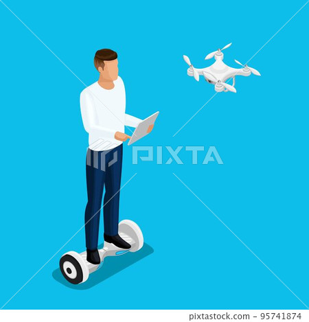 Isometric drone people, a man playing a game, quadrocopter 3D, fly on the radio. Drone camera for filming. Vector illustration 95741874