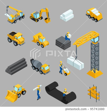 Set Isometric icons for construction workers, crane, machinery, power, transportation, clothing, buses on a gray background 95741880