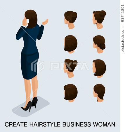 Set 5 Fashion isometric 3D business lady, a set of women's haircuts, styling, hair, hair color. Rear view isolated on a light background. Vector illustration Set 5 Fashion isometric 3D business lady, a set of women's haircuts, styling, hair, hair color. Rear view isolated on a light background. Vector illustration 95741891