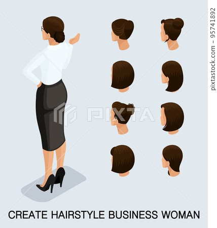 Set 6 Fashion isometric 3D business lady, a set of women's haircuts, styling, hair, hair color. Rear view isolated on a light background. Vector illustration 95741892